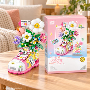 KI-Beispielszene: LOZ 1351 Blumenstiefel neben seinem rosa Produktkarton auf einem Holztisch im hellen Wohnzimmer.